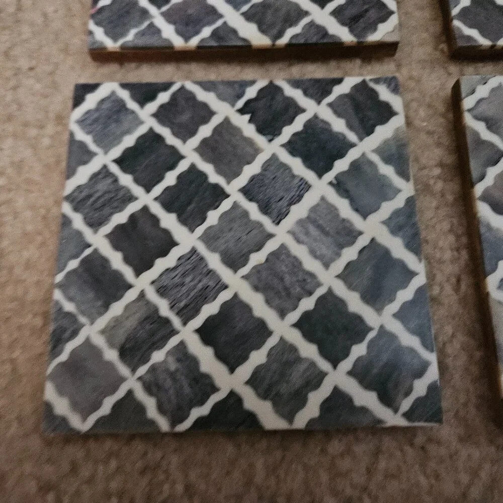 MODERN 4 MY MELA TRELLIS BONE INLAID GRAY BAR DRINK WOOD COASTERS MADE IN INDIA